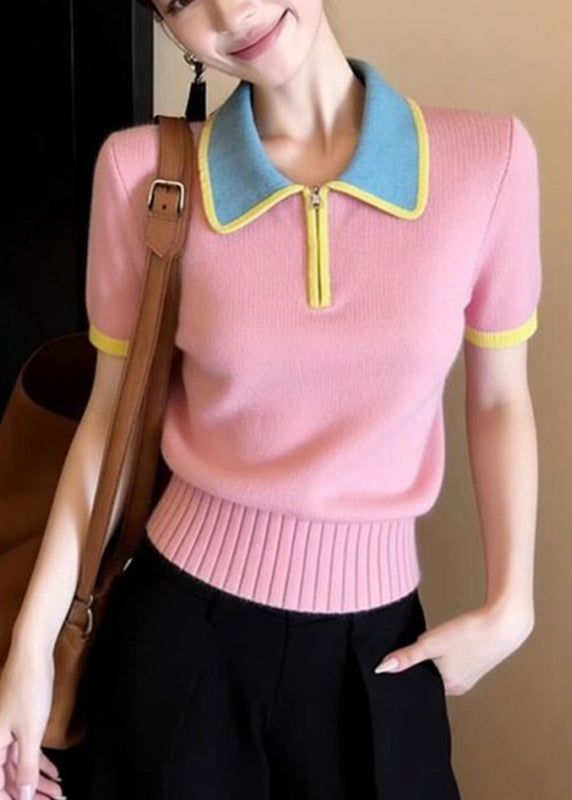 Cute Pink Peter Pan Collar Patchwork Knit Shirt Summer