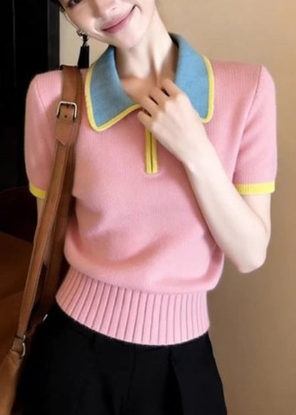 Cute Pink Peter Pan Collar Patchwork Knit Shirt Summer