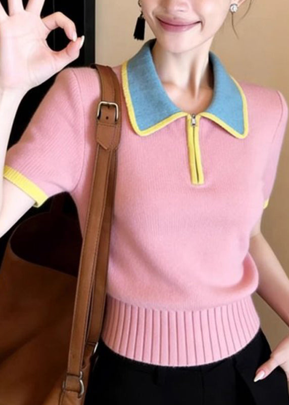 Cute Pink Peter Pan Collar Patchwork Knit Shirt Summer