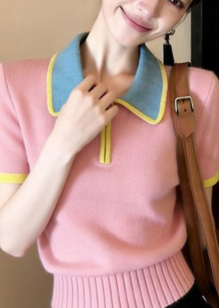 Cute Pink Peter Pan Collar Patchwork Knit Shirt Summer