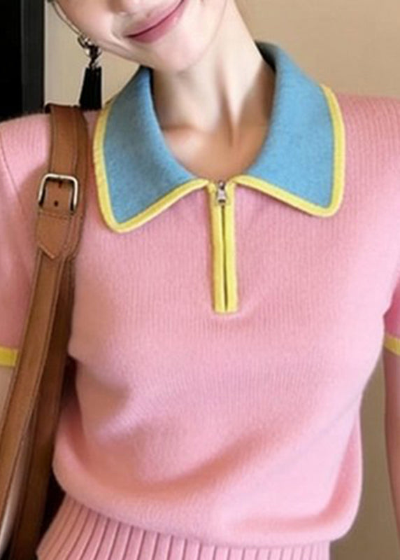 Cute Pink Peter Pan Collar Patchwork Knit Shirt Summer