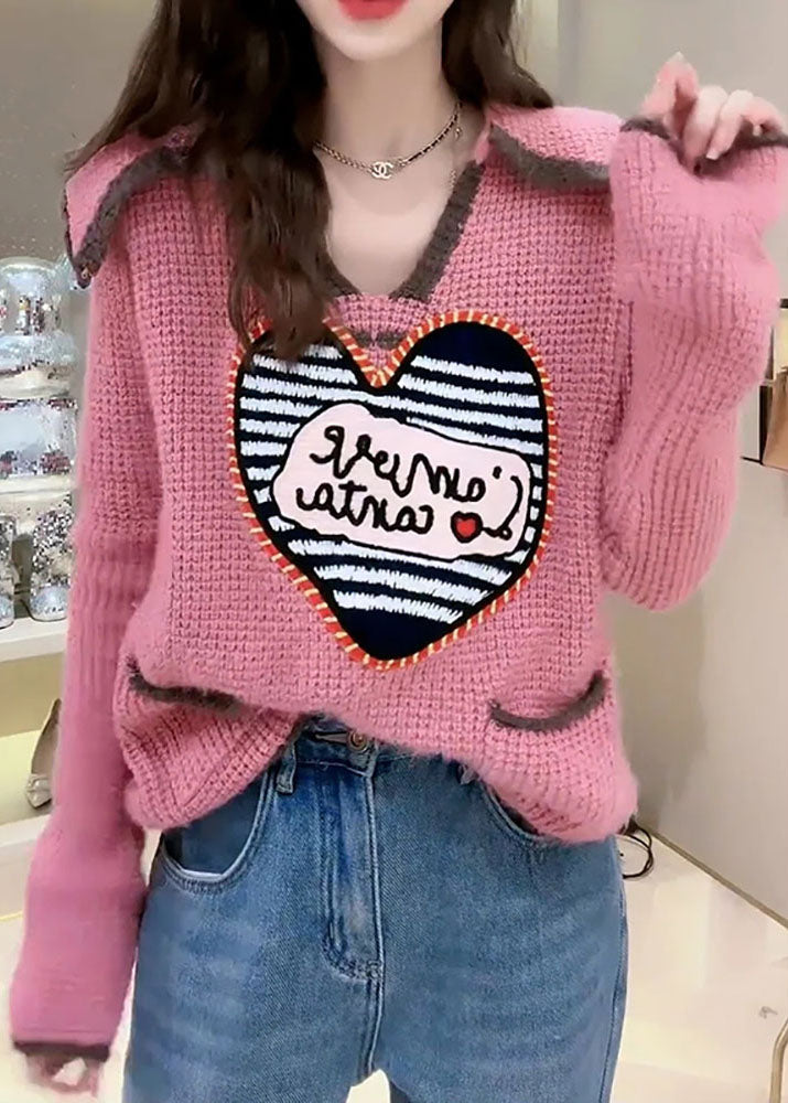 Cute Pink Peter Pan Collar Print Pockets Patchwork Knit Sweaters Fall