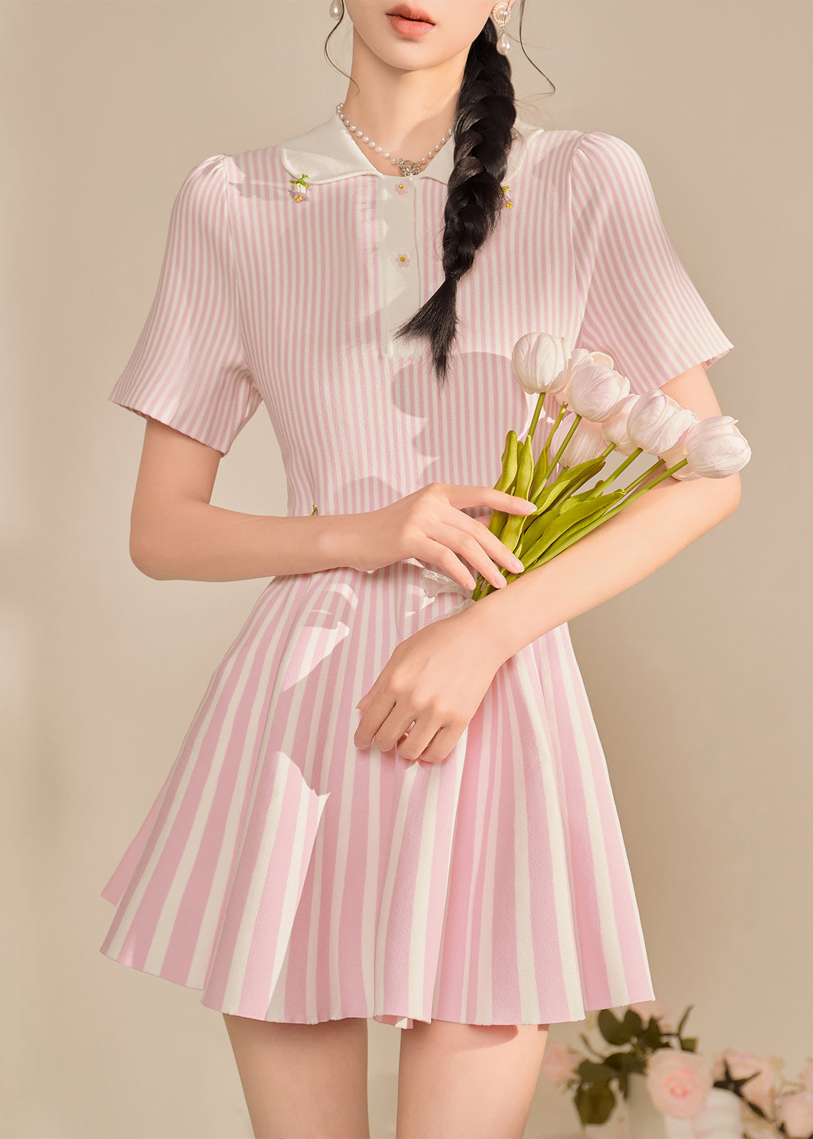 Cute Pink Peter Pan Collar Striped Mid Dress Summer