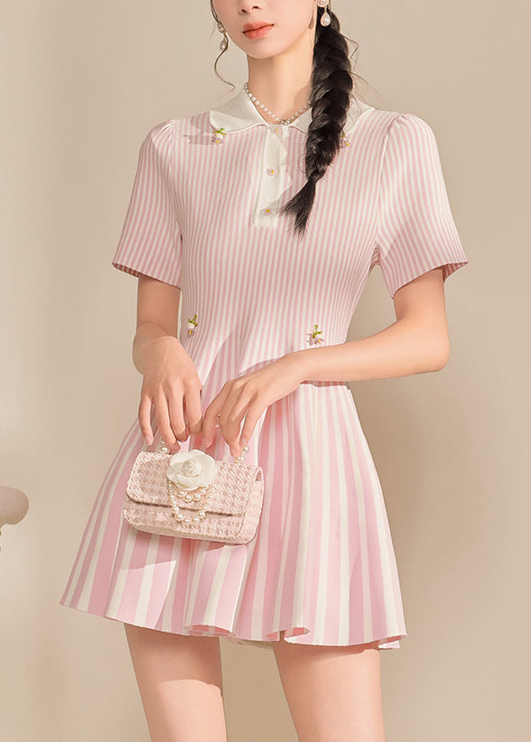 Cute Pink Peter Pan Collar Striped Mid Dress Summer