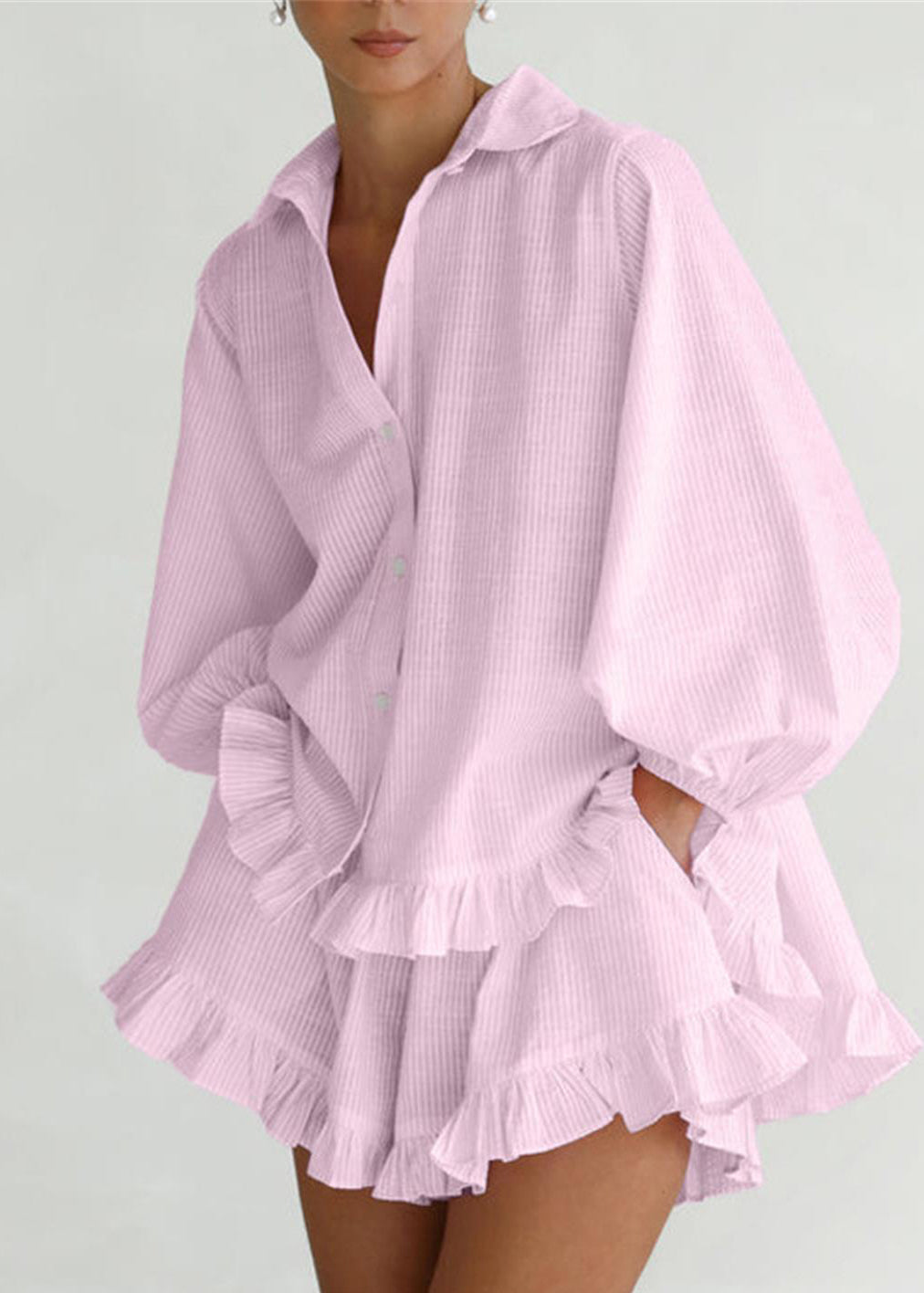 Cute Pink Peter Pan Collar Striped Shirts And Shorts Two-Piece Set Fall
