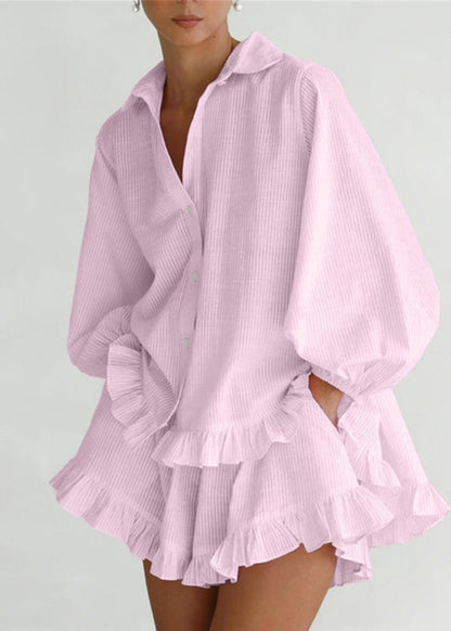 Cute Pink Peter Pan Collar Striped Shirts And Shorts Two-Piece Set Fall