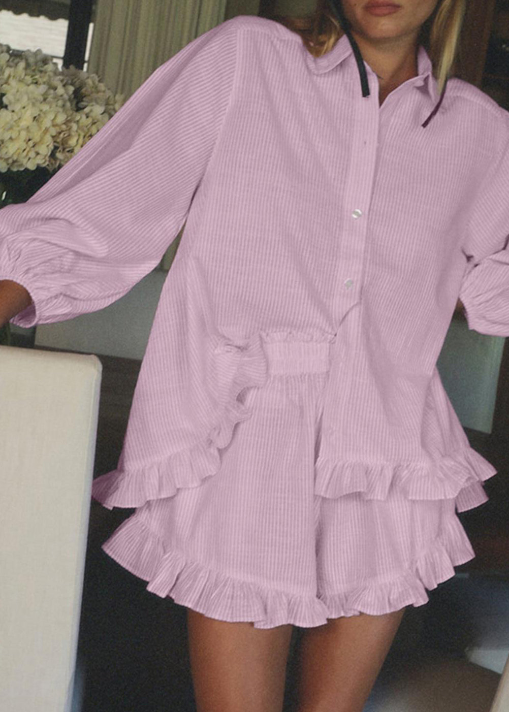 Cute Pink Peter Pan Collar Striped Shirts And Shorts Two-Piece Set Fall