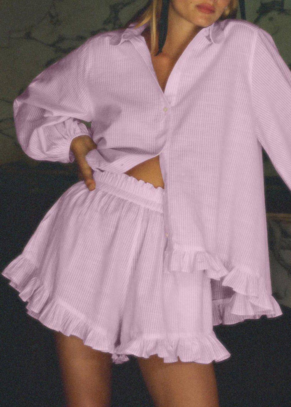 Cute Pink Peter Pan Collar Striped Shirts And Shorts Two-Piece Set Fall