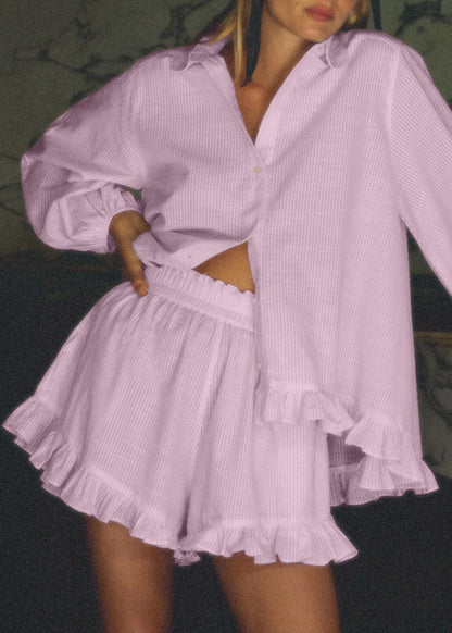 Cute Pink Peter Pan Collar Striped Shirts And Shorts Two-Piece Set Fall