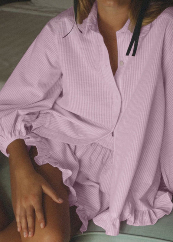 Cute Pink Peter Pan Collar Striped Shirts And Shorts Two-Piece Set Fall