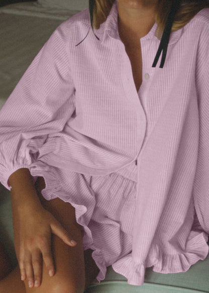 Cute Pink Peter Pan Collar Striped Shirts And Shorts Two-Piece Set Fall