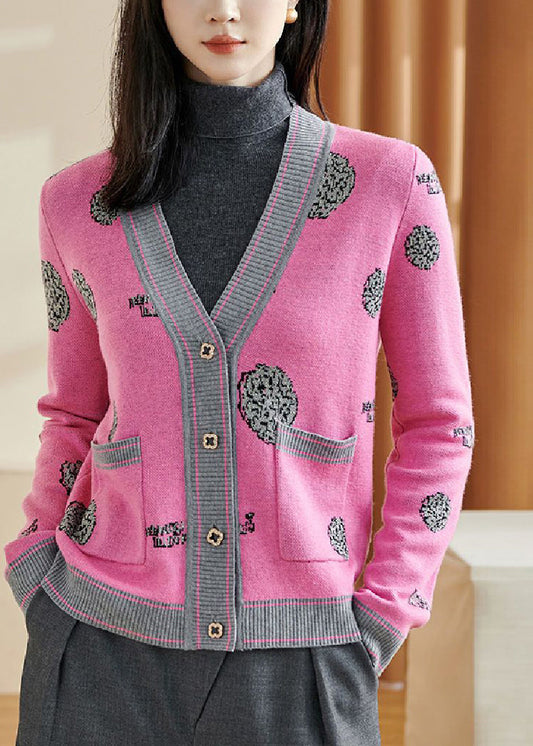 Cute Pink Print Button Cotton Knit Cardigans Long Sleeve