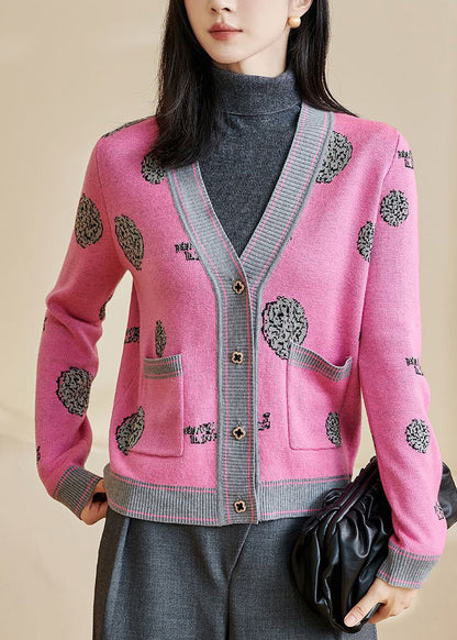 Cute Pink Print Button Cotton Knit Cardigans Long Sleeve