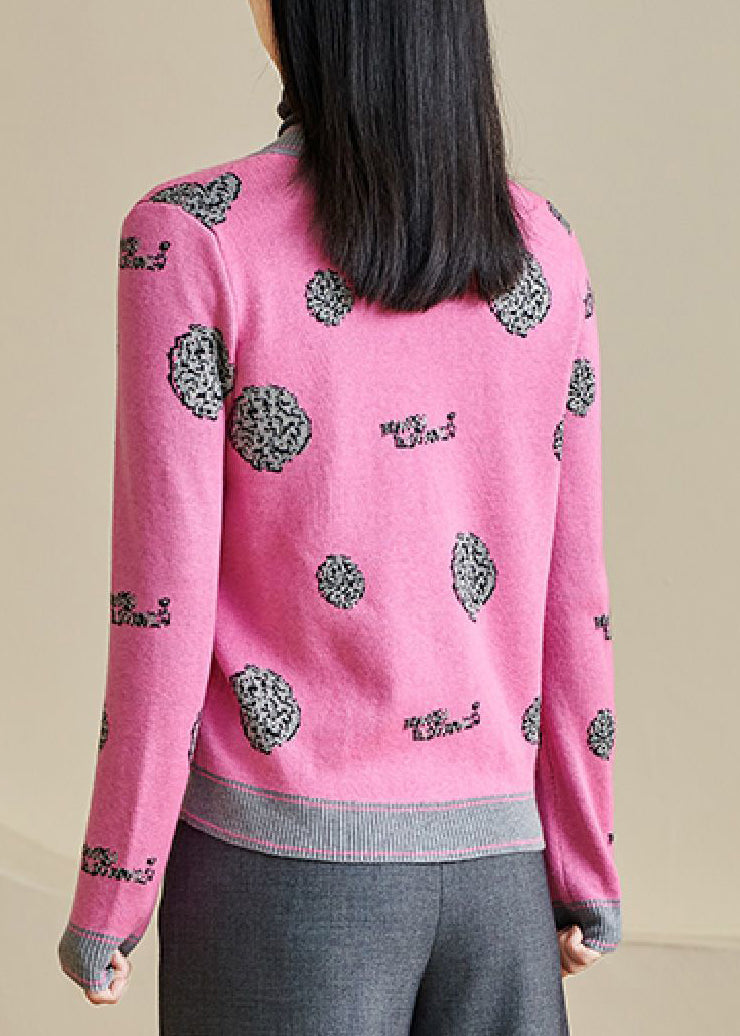 Cute Pink Print Button Cotton Knit Cardigans Long Sleeve