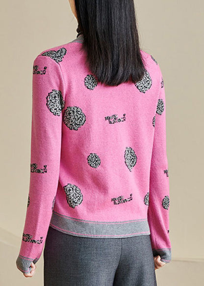 Cute Pink Print Button Cotton Knit Cardigans Long Sleeve