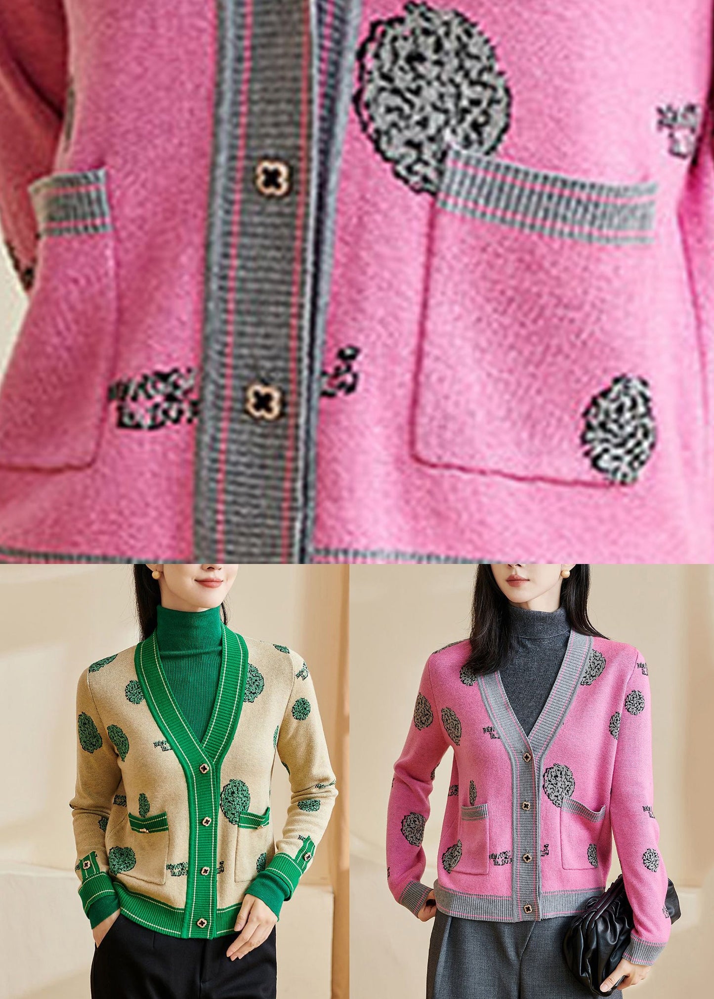 Cute Pink Print Button Cotton Knit Cardigans Long Sleeve