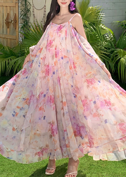 Cute Pink Print Ruffled Patchwork Chiffon Long Dress Short Sleeve