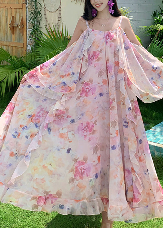 Cute Pink Print Ruffled Patchwork Chiffon Long Dress Short Sleeve