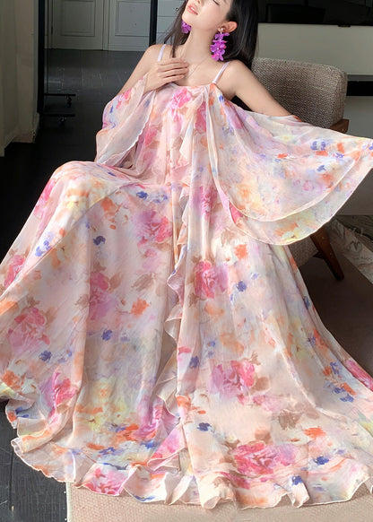 Cute Pink Print Ruffled Patchwork Chiffon Long Dress Short Sleeve