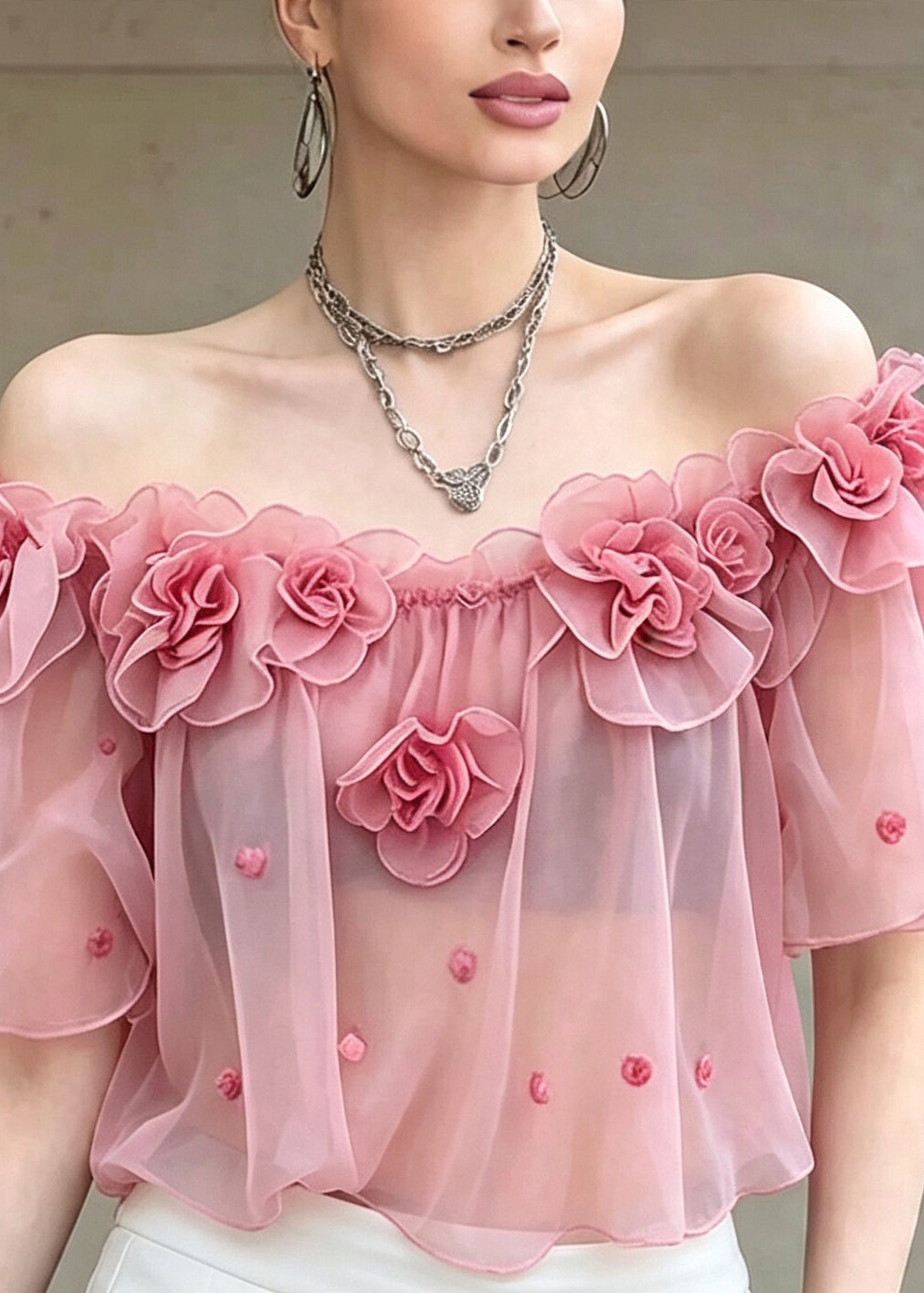 Cute Pink Ruffled Floral Chiffon T Shirts Short Sleeve
