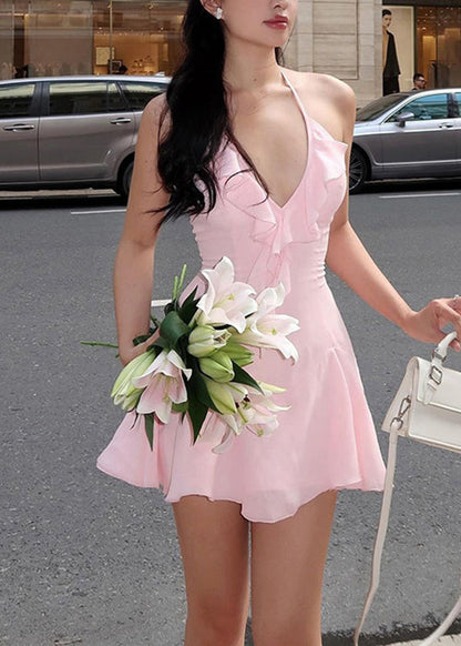 Cute Pink Ruffled Patchwork Mid Spaghetti Strap Dress Summer