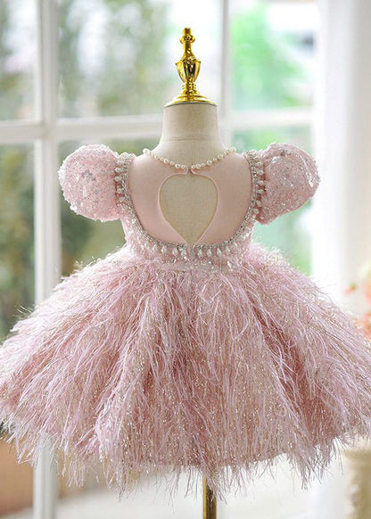 Cute Pink Sequins Pearl Patchwork Tulle Kids Long Dress Short Sleeve