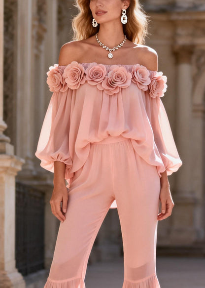 Cute Pink Slash Neck Chiffon Top And Flared Trousers Two Pieces Set Lantern Sleeve