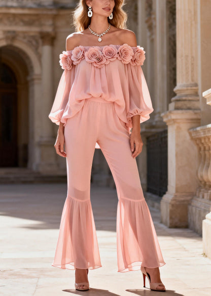Cute Pink Slash Neck Chiffon Top And Flared Trousers Two Pieces Set Lantern Sleeve