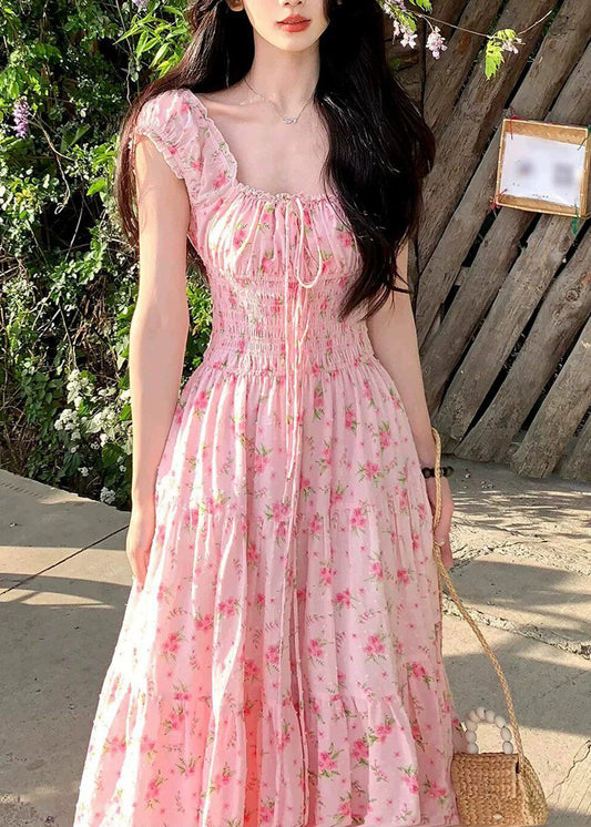 Cute Pink Square Collar Print Elastic Waist Maxi Dress Summer