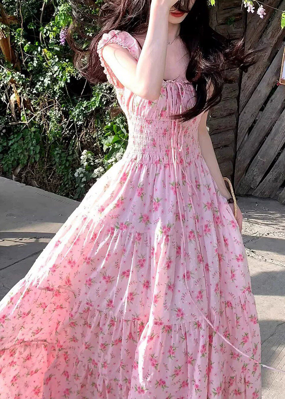 Cute Pink Square Collar Print Elastic Waist Maxi Dress Summer