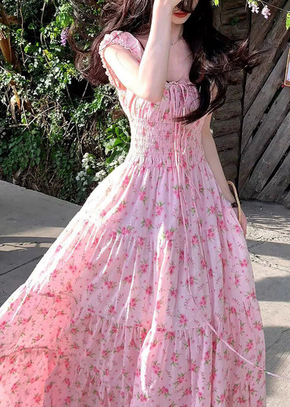 Cute Pink Square Collar Print Elastic Waist Maxi Dress Summer