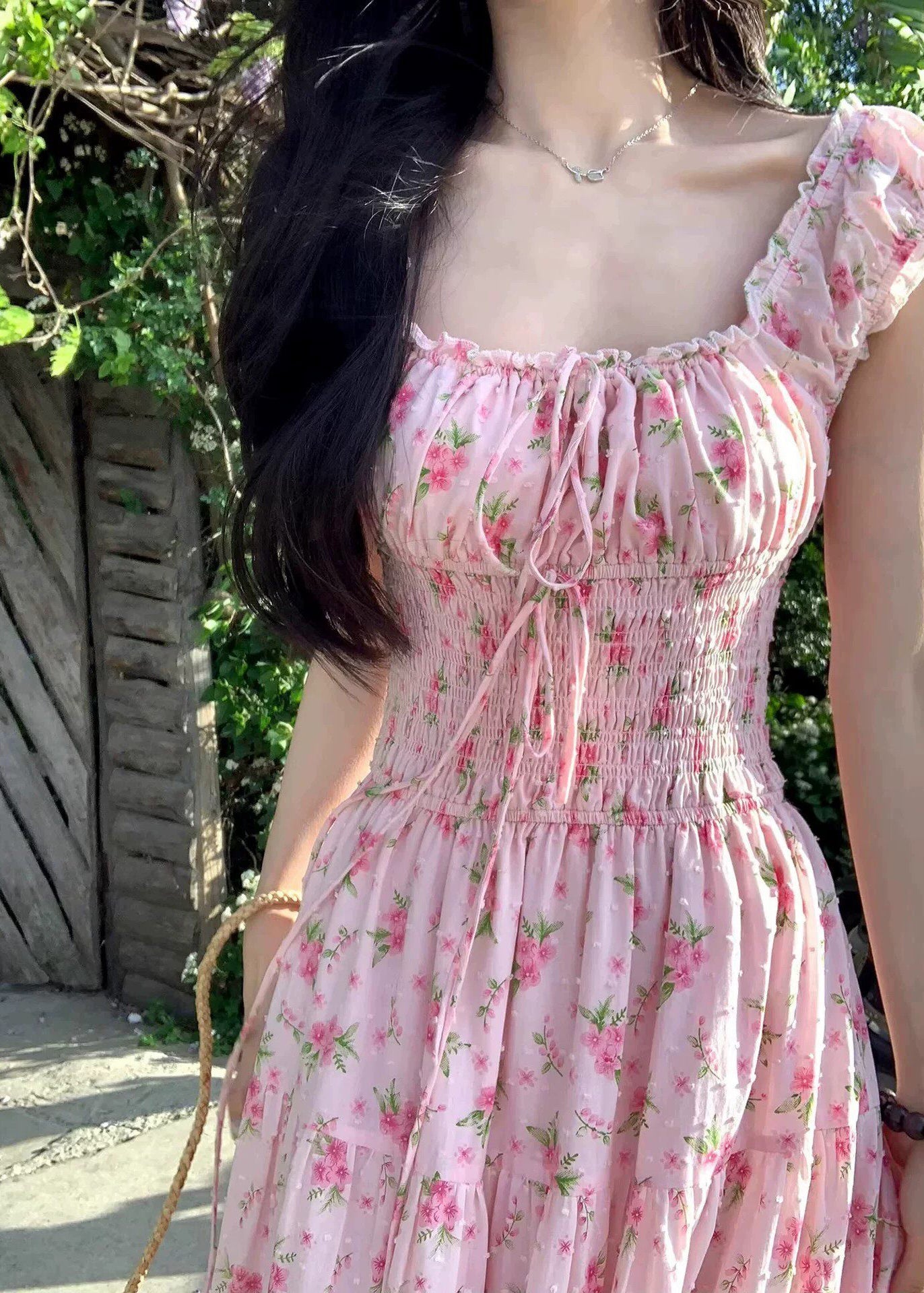 Cute Pink Square Collar Print Elastic Waist Maxi Dress Summer