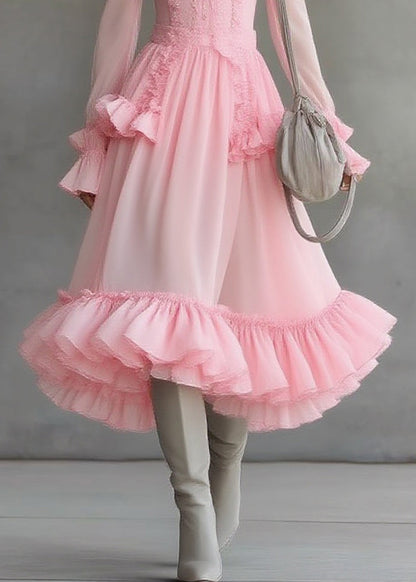 Cute Pink Square Collar Ruffled Patchwork Tulle Maxi Dress Lantern Sleeve