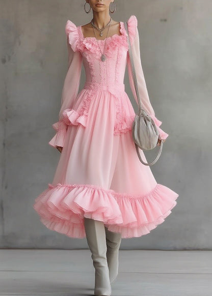 Cute Pink Square Collar Ruffled Patchwork Tulle Maxi Dress Lantern Sleeve