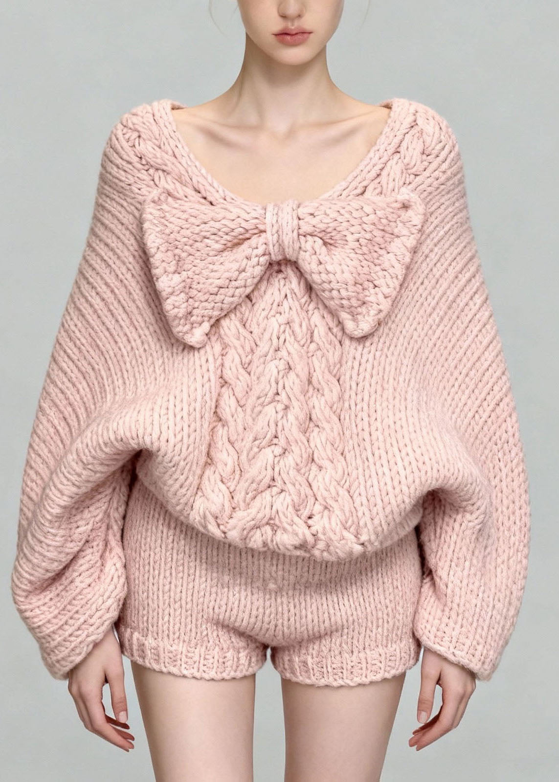 Cute Pink V Neck Bow Sweaters And Skirts Two Pieces Set Batwing Sleeve