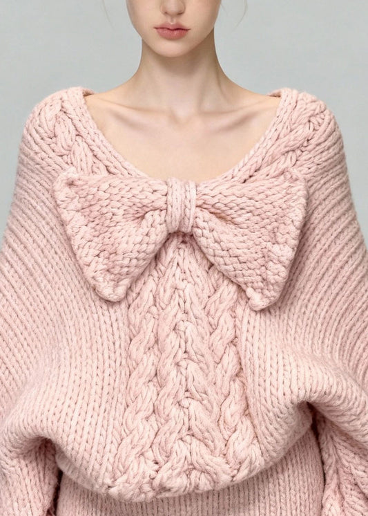 Cute Pink V Neck Bow Sweaters And Skirts Two Pieces Set Batwing Sleeve