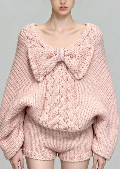 Cute Pink V Neck Bow Sweaters And Skirts Two Pieces Set Batwing Sleeve