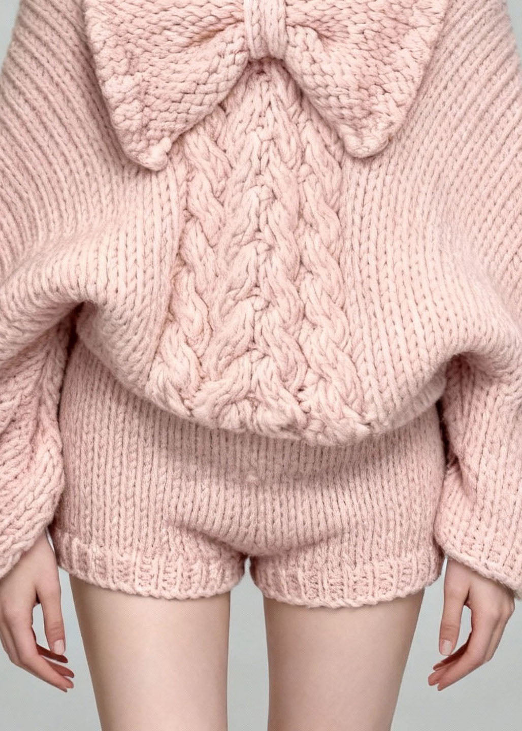 Cute Pink V Neck Bow Sweaters And Skirts Two Pieces Set Batwing Sleeve