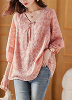 Cute Pink V Neck Chiffon Tops Bracelet Sleeve