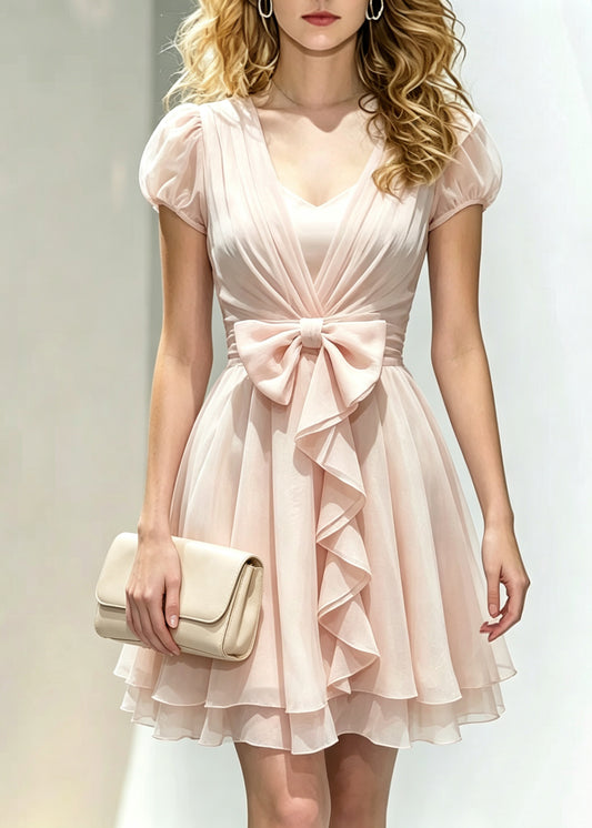 Cute Pink V Neck Cinched Silk Mid Dress Puff Sleeve