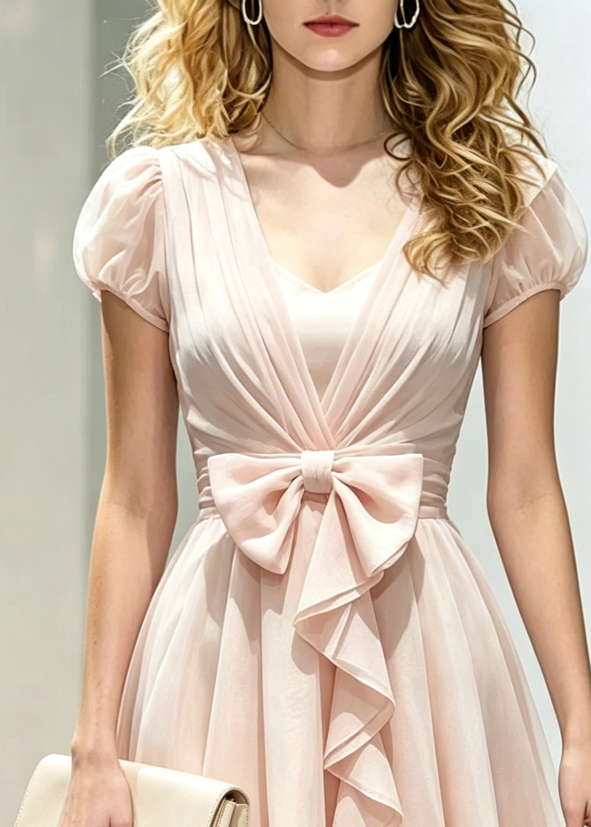 Cute Pink V Neck Cinched Silk Mid Dress Puff Sleeve