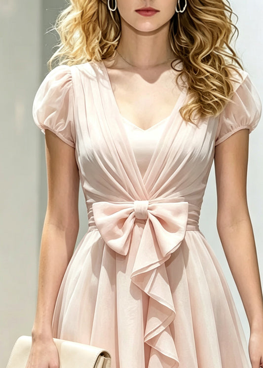 Cute Pink V Neck Cinched Silk Mid Dress Puff Sleeve