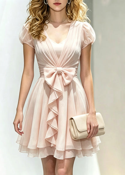 Cute Pink V Neck Cinched Silk Mid Dress Puff Sleeve