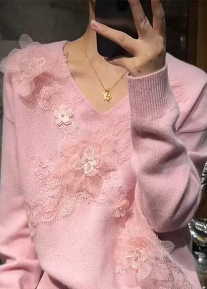 Cute Pink V Neck Floral Nail Bead Cotton Knit Sweaters Spring