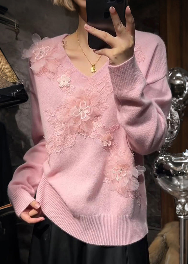 Cute Pink V Neck Floral Nail Bead Cotton Knit Sweaters Spring