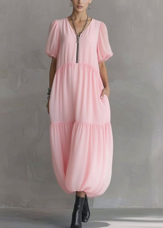 Cute Pink V Neck Pockets Patchwork Long Dress Short Sleeve