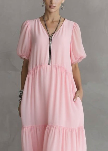 Cute Pink V Neck Pockets Patchwork Long Dress Short Sleeve