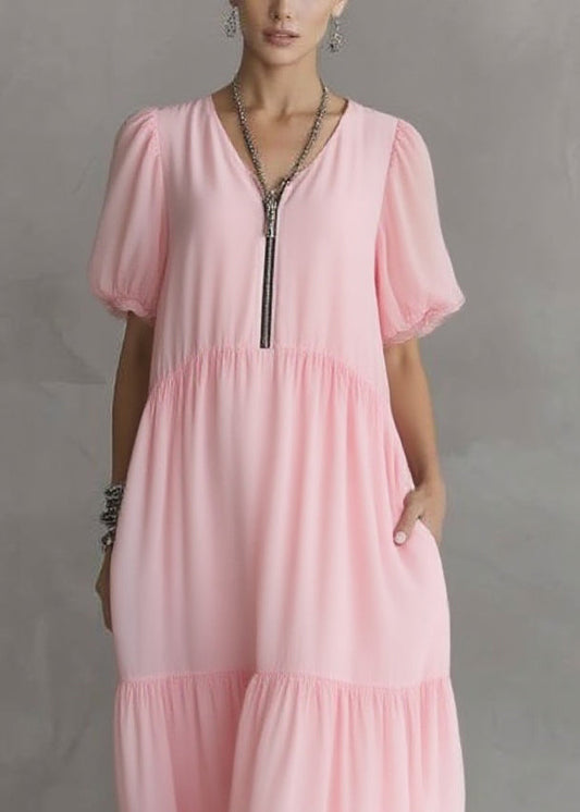Cute Pink V Neck Pockets Patchwork Long Dress Short Sleeve