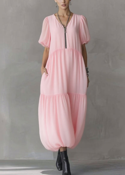 Cute Pink V Neck Pockets Patchwork Long Dress Short Sleeve