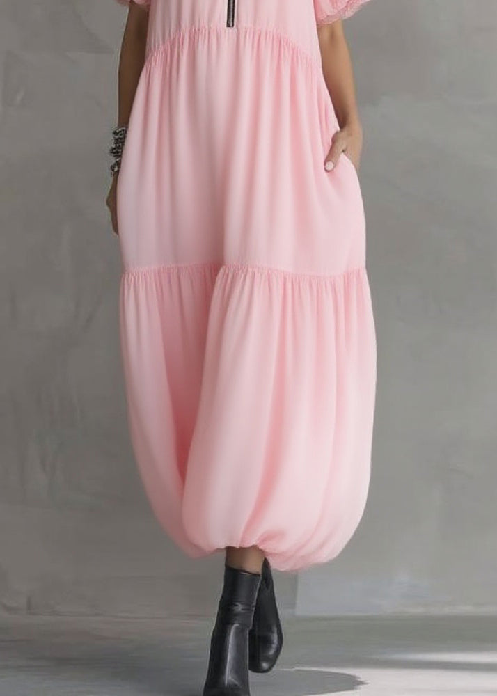 Cute Pink V Neck Pockets Patchwork Long Dress Short Sleeve